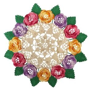 Handmade Crochet Rose Posy Doily 12 Inch Floral Centerpiece Decor